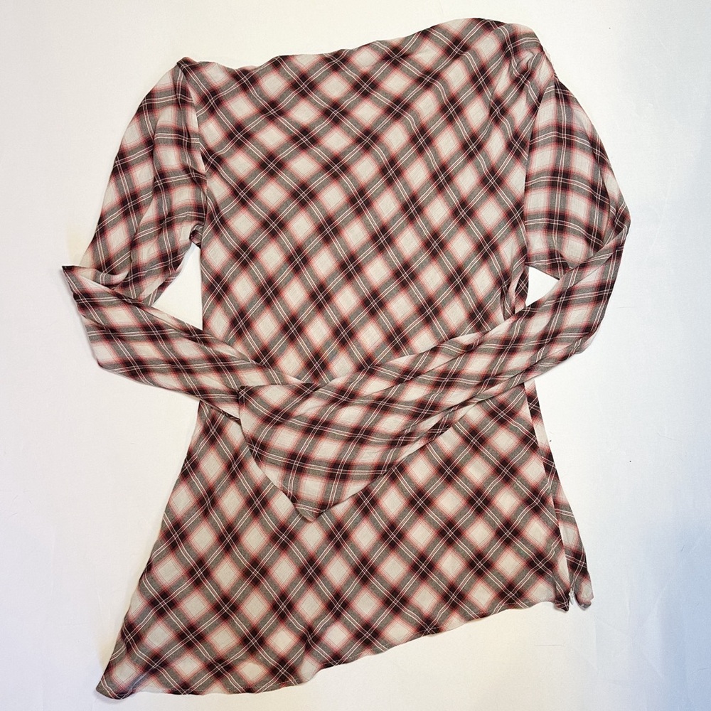 Mango Asymmetric Off the Shoulder Plaid Blouse